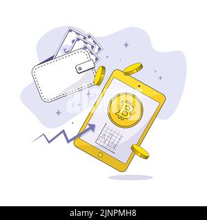 Auf dem Bildschirm befindet sich eine Bitcoin-Münze und eine Infografik neben Münzen und eine Brieftasche mit Dollarscheinen und Sternchen Stock Vektor
