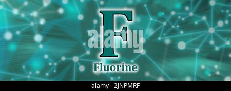 F-Symbol. Fluorisches chemisches Element auf grünem Netzwerkhintergrund Stockfoto