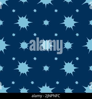 Schneeflocken, Sterne und Flecken. Boom. Nahtloses Vektormuster. Ein endlos wiederholendes Ornament. Isolierter blauer Hintergrund. Abstrakter Hintergrund. Blots. Stock Vektor
