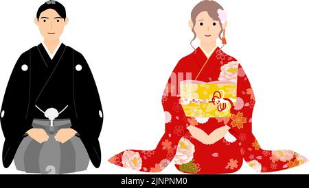 Mann und Frau grüßen das neue Jahr, sitzen Seiza in Kimono (Montsuki Hakama und Furisode) Stock Vektor