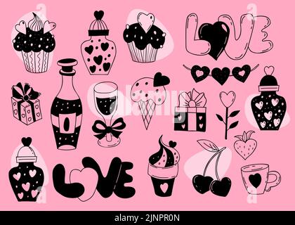Sammlung Liebe Doodle. Kuchen, Champagner und Glas, Herzkranz, Eis, Geschenk, Glas der Liebe, Kirschen, Erdbeeren, Schriftzug Wort Liebe Stock Vektor