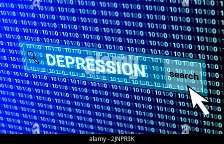 Depression Suche im Internet mit digitalen Zahlen und klicken Sie auf Symbol Illustration Bild. Konzept für wissen über Depressionen, da und medizinische, und Gesundheit Stockfoto