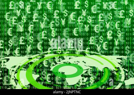 Weltweiter Währungshintergrund mit Weltkarte. Konzept für Welthandel, Geschäft und Währungsnachfrage. Stockfoto