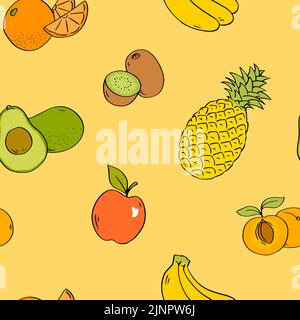 Früchte nahtlos Muster Set. Bananen, Kiwi, Avocado, Orange, Avocado, Ananas, Apfel und Aprikose. Design Textur für Stoff Textil Postkartenetikett p Stock Vektor