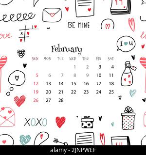 2023 Kalender für Februar. Vektor-Illustration des Monats-Kalenders auf blauem Hintergrund mit Kritzeleien. Nahtlose niedliche bunte Muster für valentinstag Stock Vektor