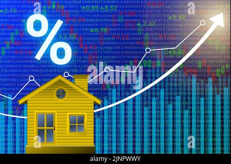 Helle intrest Zeichen isoliert auf Grafik und Pfeil Hintergrund. Konzept für Immobilienkredite, intrest, Nachfrage, Marktpreis und Wohnimmobilieninflation. Stockfoto