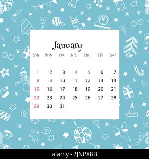 2023 Kalender für Januar. Vektor-Illustration des Monats-Kalenders auf blauem Hintergrund mit Kritzeleien. Nahtloses Wintermuster mit Monatsraster in Cartoon Stock Vektor