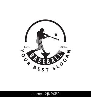 Baseballlogo-Symbolvektor, Sportspieler, der den Ball trifft und läuft, Retro-Konzept Stock Vektor