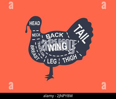 Kürzungen des Türkei-Diagramms. Poster mit Metzgerschemata. Teile von putenfleisch. Abbildung des Fleischdiagramms. Silhouette von Nutztieren. Stock Vektor