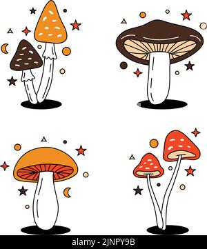 Zauberpilz-Set. Verschiedene farbige Pilzsymbole. Skizzenillustration psychedelischer Pilze. Pilze im Hippie 70s Retro-Stil. Stock Vektor