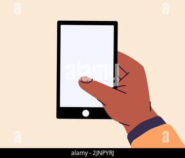 Smartphone mit weißem Bildschirm in der Hand. Cartoon-Handscrolling oder Suche nach etwas im Telefon. Smartphones mit leerem Bildschirm. Stock Vektor