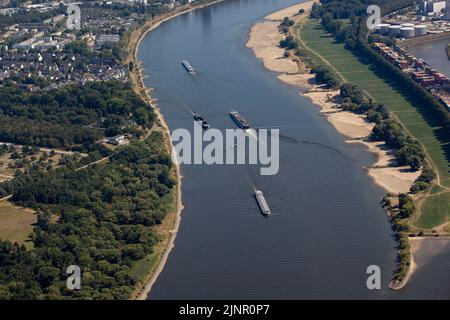 Deutschland. 11. August 2022. 11. August 2022, Colonia;: Auf dem Rheinverlauf bei Köln sind Flusstransportschiffe wegen der schwindenden Tiefe des Schifffahrtskanals vorsichtig, auf Grund zu laufen. Die anhaltende Dürre führt dazu, dass der Rheinspiegel immer weiter sinkt, und die Schifffahrt ist nur bedingt möglich. Foto: Christoph Reichwein/dpa Quelle: dpa picture Alliance/Alamy Live News Stockfoto