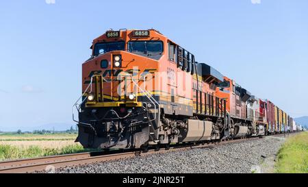 Stanwood, WA, USA - 11. August 2022; BNSF gemischter Güterzug, der den westlichen Staat Washington gegen blauen Himmel durchquert Stockfoto