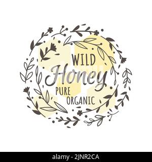 Bio- und Wildhonig-Label mit floralem Doodle-Kranz. Farbenfrohes handgezeichnetes und geschriebenes Vintage-Abzeichen mit Wabenmuster. Stock Vektor