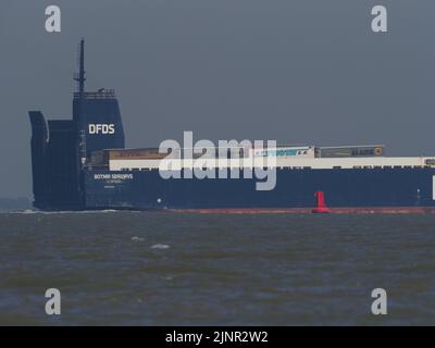 Sheerness, Kent, Großbritannien. 13. August 2022. Der Port of London Medway (besser bekannt als Port of Sheerness), Kent, hat nach den jüngsten Verzögerungen bei Dover einen deutlich gestiegenen Handel gemeldet, wobei die Anzahl der Einheiten in der letzten Nacht um 34 % und zwischen April und Juni um 30 % gestiegen ist. Der Hafen bietet in Verbindung mit DFDS eine unbegleitete Frachtroute nach Calais mit der Fähre Botnia Seaways (Bild von der Abfahrt Sheerness heute Morgen). Kredit: James Bell/Alamy Live Nachrichten Stockfoto