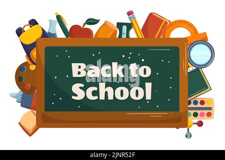 Farbenfrohe Rückwand in die Schule mit Tafel und verschiedenen Lernmaterialien dahinter. Vektor-Illustration Design mit Tafel und Kopierraum Stock Vektor