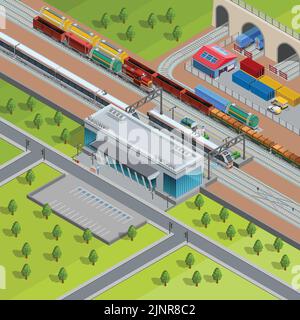 Moderner S-Bahnhof mit vorbeifahrenden Personenzügen Güterdepot Und Güterverkehr isometrische Poster Vektor Illustration Stock Vektor