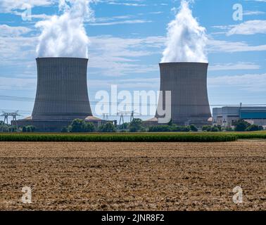 Dampf steigt aus Kühltürmen für ein Kernkraftwerk auf dem Land Stockfoto