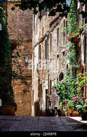 Eine verlassene, sonnenbeschienene Straße in einer italienischen Stadt Stockfoto