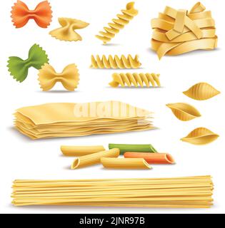 Trockene Pasta-Typen Sortiment von Spaghetti Muscheln farbige Schmetterlinge und Fusilli Federn realistische Symbole Sammlung Vektor Illustration Stock Vektor