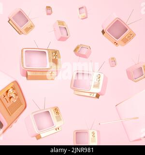 Creative 3D Illustration Konzept der Pastell Retro Gold Fernseher auf rosa Hintergrund. Alternative Vintage-Umgebung. Stockfoto