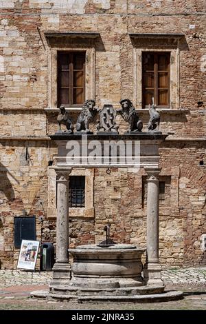 Detail aus dem Brunnen von Il Pozzo dei Grifi e dei Leoni auf der Piazza Grande< Montepulciano, Italien Stockfoto