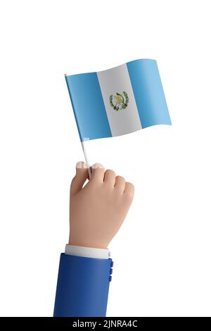 Cartoon Hand mit der Flagge von Guatemala isoliert auf weißem Hintergrund. 3D Abbildung. Stockfoto