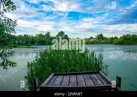 Holzbrücken, stehen, im Schilf gegen den blauen Himmel Sonnenuntergang Hinterland Stockfoto