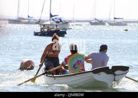 West Mersea, Großbritannien. 13. August 2022. Die West Mersea Regatta findet auf Mersea Island statt. Die Regatta wird seit 1838 fast ununterbrochen durchgeführt und wird von Freiwilligen organisiert. Das strenge erste Rennen. Kredit: Eastern Views/Alamy Live Nachrichten Stockfoto