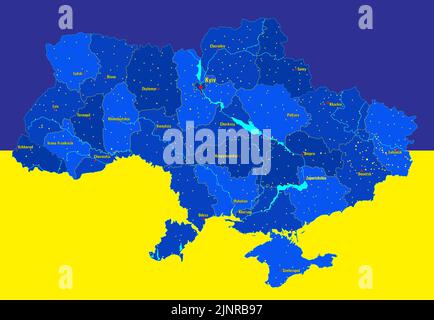 Detaillierte Karte der Ukraine mit Städten, Flüssen, Regionen. Abbildung. Stockfoto