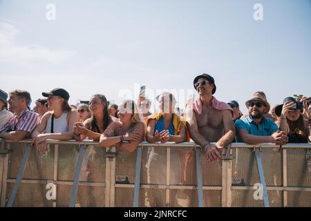 Newquay, Cornwall, Großbritannien. 13.. August 2022. Hauptbühne Publikum beim Boardmasters Festival 2022. Quelle: Sam Hardwick/Alamy. Stockfoto