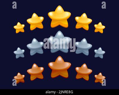 Bewertung der Spielstars. Cartoon-Level-Bonus und gewinnen Auszeichnung mit Reihe von Sternen Grafik-Vorlage für mobile 2D Spiel Interface-Element. Vektorset Stock Vektor