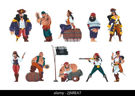 Piratenmänner und -Frauen. Cartoon Fantasy Segler und Seekrieger mit Schwertern Schatz Brust Spyglass trägt Hüte und Piraten Kostüme. Vector Marine Stock Vektor