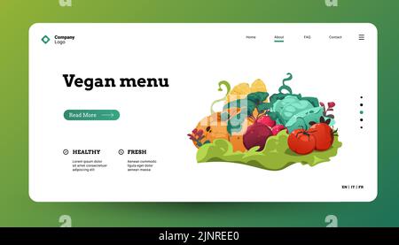 Landing Page Gemüse. Webseite Mockup mit Cartoon gesunde Ernährung Lebensmittel, frisches Gemüse vegetarische Banner. Vektor-Website-Vorlage Stock Vektor