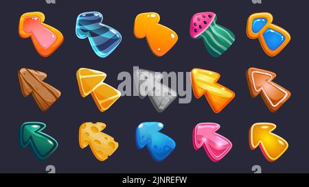 Cartoon-Spiel Cursor. Klicken Sie auf Pfeile und Symbole für die Zeigeroberfläche verschiedener Formen und Materialien. Vector 2D Spiel sprite Asset der zeigenden GUI-Symbole Stock Vektor