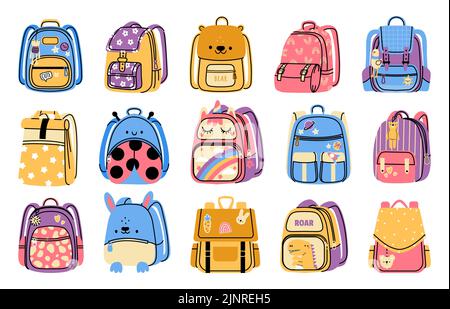 Schulrucksack. Cartoon bunte Kindertasche für Schule Schreibwaren und Zubehör, Grund-und Mittelschule Ausrüstung für Bücher. Vektorbildung Stock Vektor