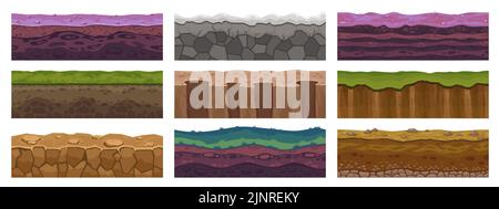 Spielgelände. Nahtloser Vordergrundboden aus Felsen, Steinen, Schmutz und Gras, horizontales Muster für Wildlevel von Sandwüste und Wiesen. Vektor Stock Vektor
