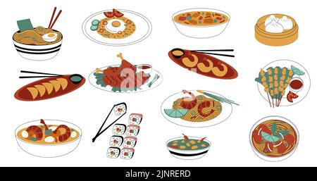 Asiatische Küche. Chinesische japanische und koreanische nationale Küche, Schüsseln und Teller mit würzigen Speisen, Meeresfisch, Reis und Saucen. Vector traditionelle östliche Mahlzeit Stock Vektor
