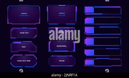 Spielkonsole. Streaming-Overlay-Elemente, futuristische Monitor-Registerkarten und Frames, Live-Stream-Popup-Fenster und Tech-Nachricht. Vektorstreamer Stock Vektor