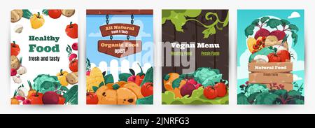 Poster zu gesunden Lebensmitteln. Banner Layout mit Cartoon detaillierte Gemüse, Bio-Lebensmittel-Broschüre für Restaurant-Menü. Vector vegane Produkte Stock Vektor