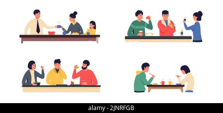 Leute, die am Tisch essen. Cartoon-Freunde und Paare frühstücken zum Mittag- und Abendessen und verbringen Zeit miteinander. Vektorgrafik Familienfeiertag Dinner Illustration Stock Vektor