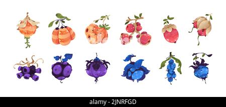 Früchte Spiel Asset. Fantasy GUI Sprite Grafik für Videospiel, magische bizarre Beeren für Spielautomaten. Vektor Cartoon bunte fantastische Pflanzen, Symbole Stock Vektor