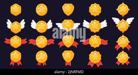 Spielstar-Level. Cartoon 2D Spiel Asset des Sieges Auszeichnung und gewinnen Medaillen mit bunten glänzenden Sternen, Rang Bewertung und Level-up-Interface-Elemente. Vektor Stock Vektor