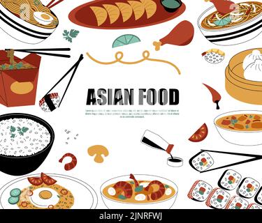 Asiatische Küche. Doodle traditionelle Mahlzeit mit Gewürzen und Saucen, Schüssel mit Nudeln und Suppe, Sushi auf dem Teller, Sojasauce. Vektor Chinesisch und Japanisch Stock Vektor