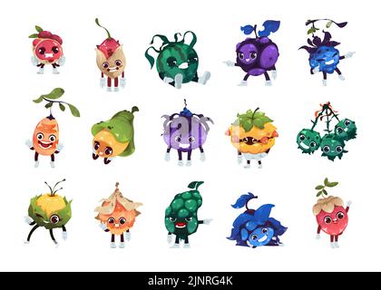 Fantasy Fruits Figuren. Cartoon Magie bunte Beeren mit lustigen Gesichtern, 2D Spiel sprite Asset der fantastischen Pflanzen. Vektor-isolierte Emoji-Symbole Stock Vektor