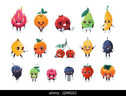 Cartoon-Fruchtfiguren. Fröhliche glückliche Kinder Früchte mit lustigen Gesichtern, lächelnde Maskottchen Personen mit Augen Hände und Beine. Vektor Apfel, Aprikose Stock Vektor
