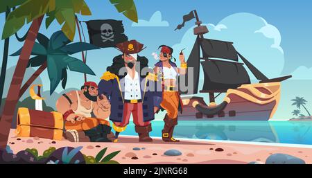 Piraten auf der Insel. Cartoon Kinder Hintergrund mit Korsaren und Piraten-Charaktere am Strand mit Schatztruhe Spyglass Schwert und Kanone. Vektor Stock Vektor