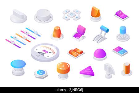 Isometrische Umschalter. 3D Schalter, Knöpfe, Lautstärkepegel, Schieberegler und Schalter für analoge Anpassung, Bedienfeld Elemente Sammlung. Vektorset Stock Vektor