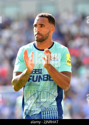 Brighton, Großbritannien. 13. August 2022. Callum Wilson von Newcastle United applaudiert den Newcastle-Fans, nachdem er während des Premier League-Spiels zwischen Brighton & Hove Albion und Newcastle United am 13. 2022. August beim Amex in Brighton, England, ersetzt wurde. (Foto von Jeff Mood/phcimages.com) Quelle: PHC Images/Alamy Live News Stockfoto