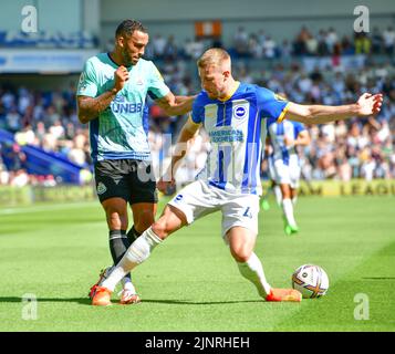 Brighton, Großbritannien. 13. August 2022. Callum Wilson von Newcastle United und Adam Webster von Brighton und Hove Albion während des Premier League-Spiels zwischen Brighton & Hove Albion und Newcastle United am 13. 2022. August beim Amex in Brighton, England. (Foto von Jeff Mood/phcimages.com) Quelle: PHC Images/Alamy Live News Stockfoto